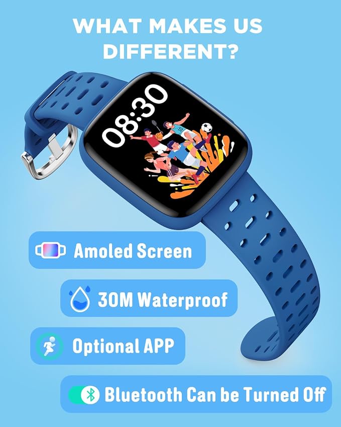 BIGGERFIVE Kids Watch No Phone Needed, 1.8" Amoled Smart Fitness Watch Pedometer, Heart Rate, Sleep Tracker, 30m Waterproof, Step Counter, Puzzle Games, 100+ Dials, Gifts for Boys Girls 5-16, Blue