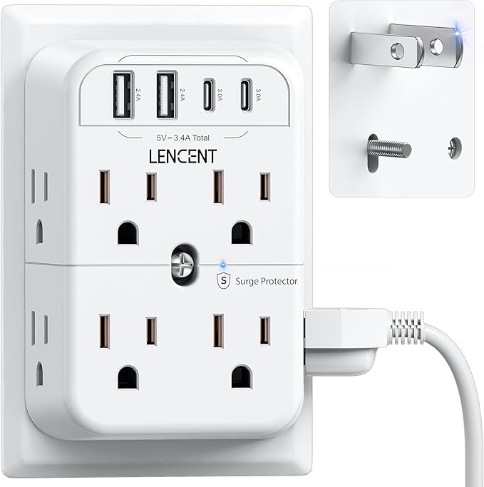 LENCENT 2 Prong Power Strip, 3 to 2 Prong Outlet Adapter, 2 Type C&2 USB, Surge Protector, Polarized Plug, 3-Sided Wide Spaced Extender, Wall Tap Splitter for Non-Grounded Outlets in Old House