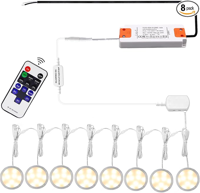 AIBOO Linkable Under Cabinet LED Lighting 12V Dimmable Puck Lights Hardwired with Wireless RF Remote Control for Kitchen Mood Lighting(8 Lights, Warm White, NO Wall Plug)