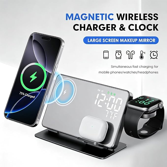 IHAO 4in1 Multifunctional Alarm Clock with Magnetic Wireless Charging15W Fast Charge for Qi Phone, Earbuds, iWatch LED Display as Mirror Show Temperature, USB Port, Smart Bedside Organizer-W669 Black