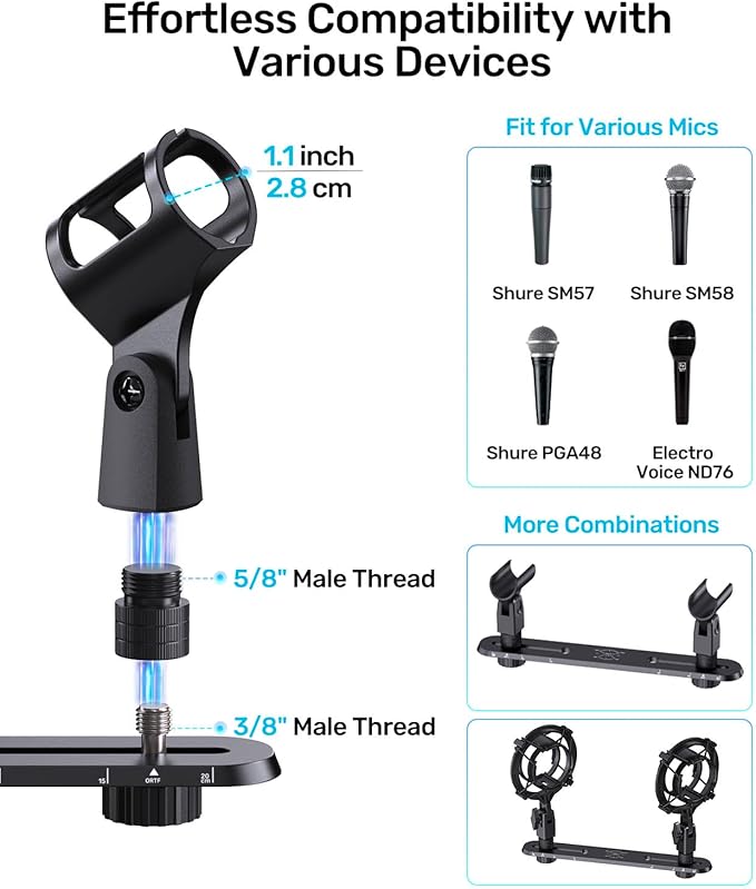 Stereo Array Spacing Mic Bar Mount, Aluminum Dual Microphone Holder with Ruled Markings & Adjustable Positioning, Fits 5/8", 3/8" & 1/4" Stands, Ideal for XY/ORTF Recording, Studio, Podcasting