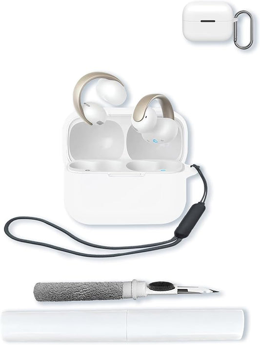 Case for Anker Soundcore AeroClip Open-Ear Clip-On Earbuds,Soft Protective,BOVUGAC Silicone Case Cover with Keychain & Cleaning Kit & Lanyard for Anker Soundcore AeroClip Earbuds-White