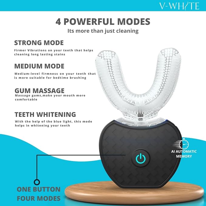 V-WHITE Adults Auto Brush Ultrasonic U-Shaped Toothbrush – 360° Teeth Cleaning, Hands-Free Electric Autobrush – Gum Protection, Waterproof IPX7, Wireless Charging