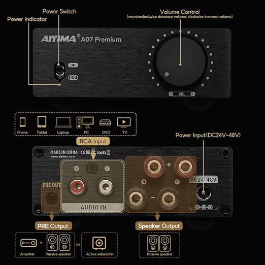 AIYIMA A07 Premium TPA3255 Power Amplifier 300Wx2 HiFi Class D Amp Mini 2 Channel Stereo Amplifier with Pre-Out for Desktop Bookshelf Speaker Home Audio System & DC32V 5A Power Adapter