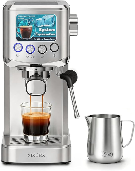 XIXUBX 20 Bar Espresso & Cold Brew Coffee Maker with Milk Frother, 42oz Removable Tank, Stainless Steel, Perfect for Cappuccino, Latte, Home & Office, Silver