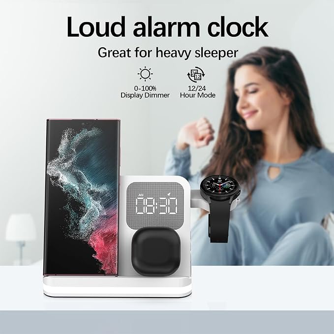 IHAO 3in1 Multi Functional Wireless Charging Station with Digital Alarm Clock 15W Fast Charge Night Light Wireless Charger for All Qi Phone and Earbud Headphone Compliant with i-Watch-B22 White