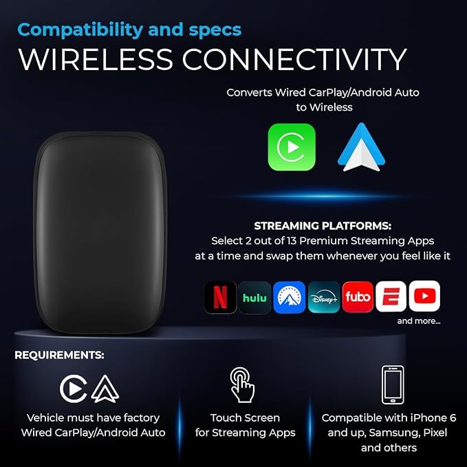 AutoSky AI Box Lite Air – Wireless Adapter for Factory CarPlay – Stream Personal Media & Online Apps via Phone Hotspot – Fast Plug & Play Performance – Works with Authorized Accounts