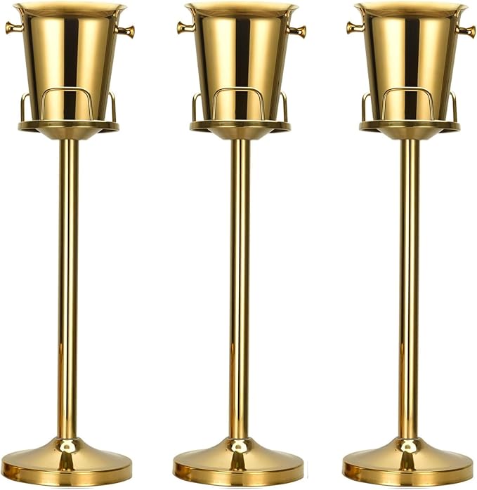 Champagne Bucket with Stand,Ice Bucket with Stand Stainless Steel Bucket Wine Chiller On Stand 12Lb Hammered Tall Ice Bucket Stand for Party Bar Ktv BBQ Home,3ft (Gold, 3 Packs)