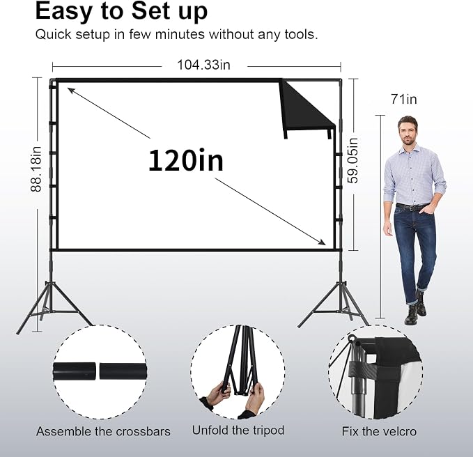 Projector Screen with Stand, TOWOND 120 inch Portable Projector Screen Black Backing, Outdoor Movie Screen 16:9 4K HD Wrinkle-Free Projection Screen with Carry Bag for Backyard Sports Viewing Parties