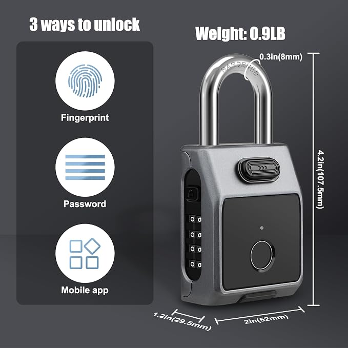 Large Fingerprint Padlock, 4 Digit Combination Lock, Diyife Outdoor Smart Weatherproof Lock with Fingerprint/Password/APP Unlock (2 in 1), USB Rechargeable, Suitable for Door, Garage, Fence, Basement
