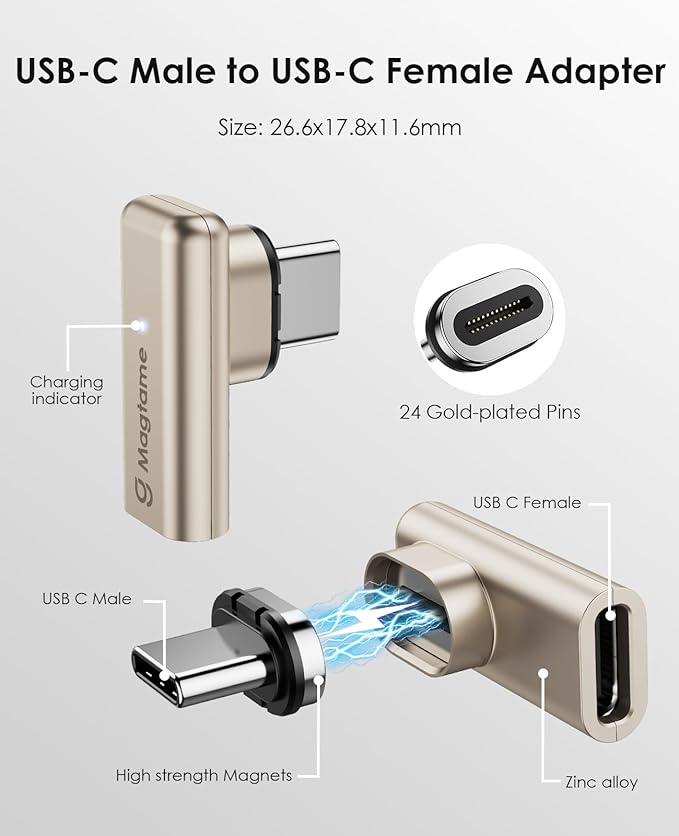 Magtame 240W Magnetic Right Angle USB C Male to USB C Female Adapter 40Gbps, 24Pin Flat 90 Degree Type-C Adapter Extender, 4K Video for USB3/4 Laptop, Tablet, iPhone 15/16, 1Pack with 2 Tips
