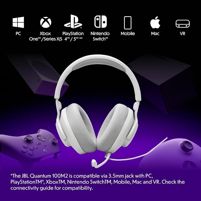 JBL Quantum 100M2 - Wired Over-Ear Gaming Headset with omnidirectional, Detachable mic with Mute Option and Fabric-Covered Memory Foam Ear Cushions, Compatible with All Platforms (White)