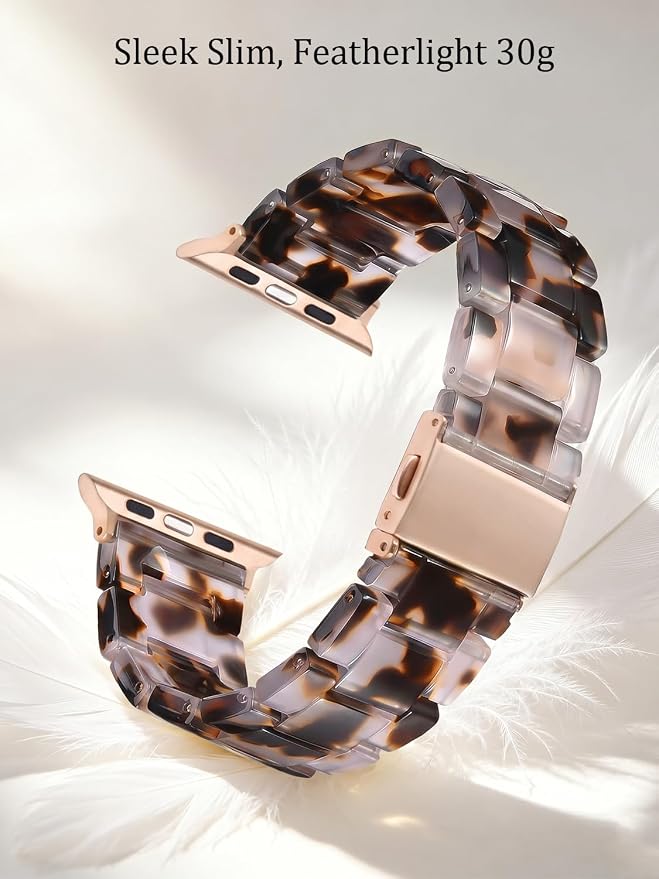 V-MORO Resin Strap Compatible with Apple Watch Band 45/46mm Series 11/10/9/8/7/6/5/4/3/2/1/SE/Ultra Fashion Lightweight Strap Bracelet with Rose Gold Buckle Wristband (Clear Tortoise,42/44/45/46/49mm)