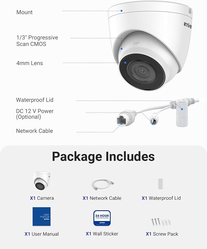 ANNKE 3K PoE Camera with Audio/Mic, IP Turret Security Camera Outdoor Indoor, Color Night Vision, AI Human Detection, IP67 Weatherproof, 116° Wide Angle 2.8mm Lens, 24/7 Recording,RTSP, @20fps