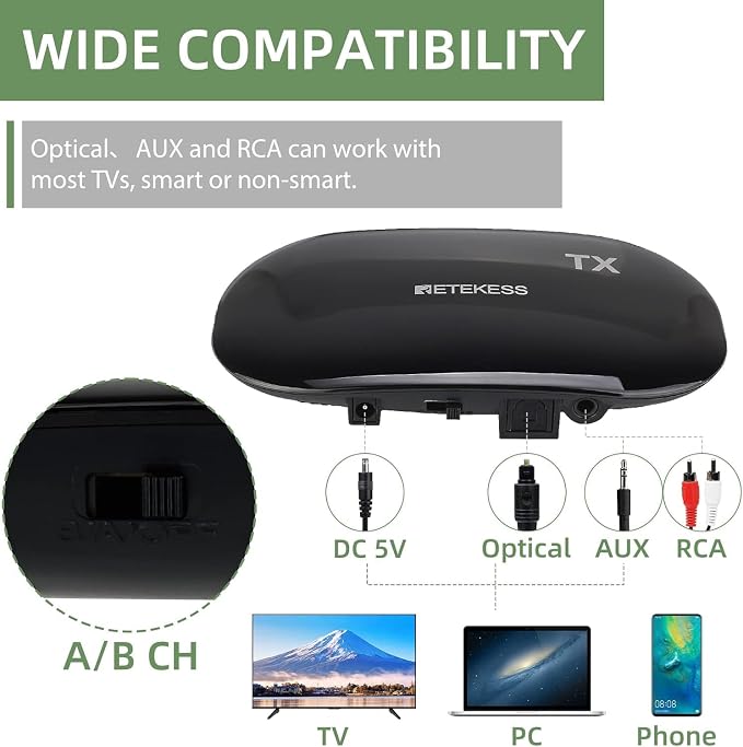 Retekess TA005 Wireless Headphones for TV Watching, TV Headphones for Seniors with Transmitter, Support A/B Channel, AUX, RCA and Optical Input for Elderly, Family (Pack of 1)