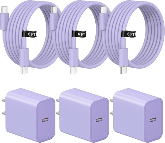 iPhone 17 16 15 Charger Fast Charging 3 Pack USB C Charger Block Type C Chargers 6FT Cord Wall Chargers Compatible with iPhone Air/17/17 Plus/17 Pro/17 Pro Max/16/16 Plus/16 Pro/16 Pro (Purple)