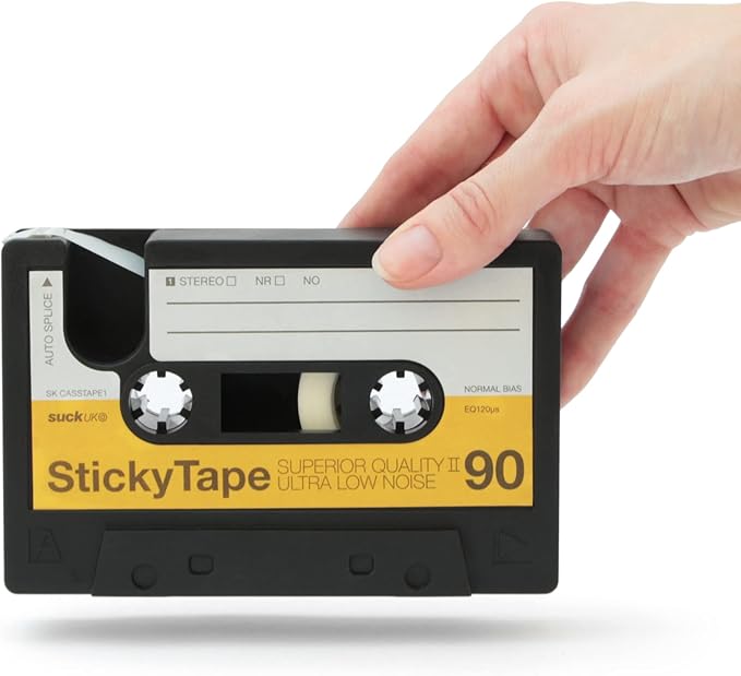 Suck UK Tape Dispenser - Retro Cassette Tape Dispenser Desk - Retro Desk Accessories - Novelty Office Accessories - Sticky Holder - Double Sided Organiser - Old School Stationery Gift - Refillable