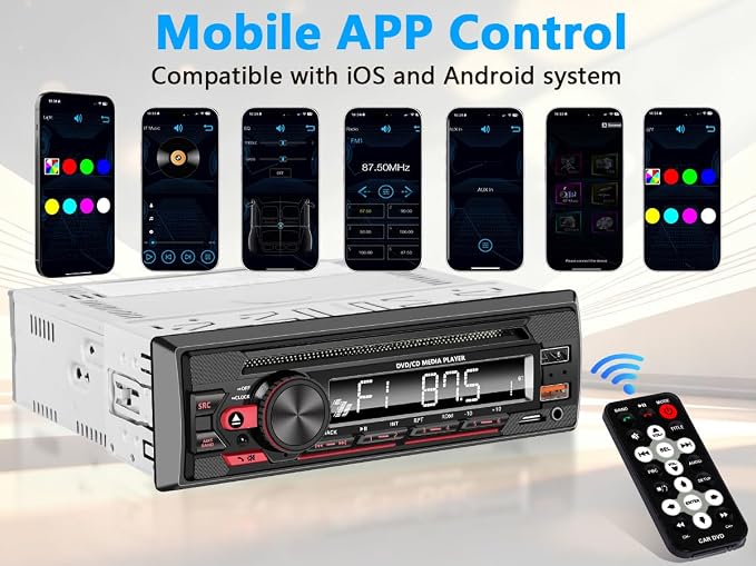 Single DIN CD/DVD Car Stereo with Bluetooth Hands-Free Calling, Push-to-Talk Assistant, FM Car Radio, USB AUX SD Playback, App Control, 7-Color Backlit Display, iOS & Android Compatible