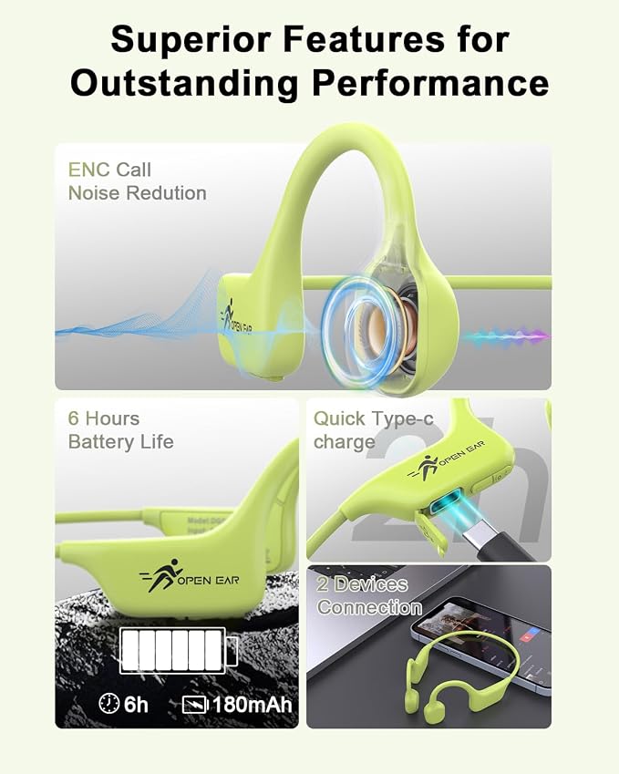 SANOTO Bone Conduction Headphones Wireless Open Ear Headphones, Lightweight Bone Conduction Earbuds IPX5 Waterproof Sport Bluetooth Earphones for Running Cycling Workout (Green)