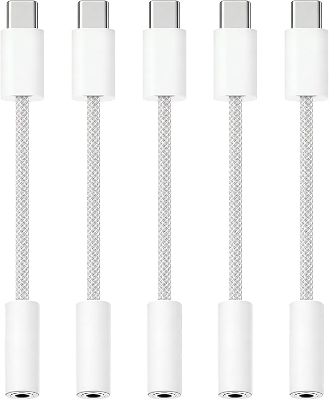 USB-C to 3.5mm Audio Headphone Adapter - HiFi Compatible with Apple iPhone 17 16 15 Galaxy S25 S24 S23 S22 S21 Plus Pro Max Ultra Pixel iPad - Type C to Aux Cord Jack Dongle Nylon-Braided (5 Pack)