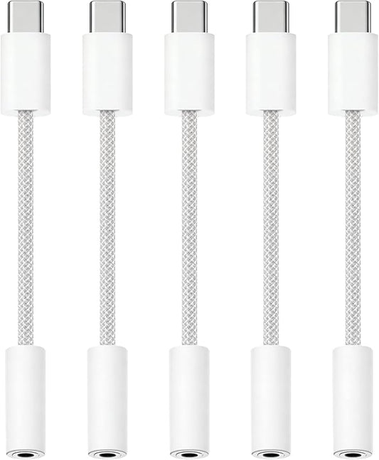 USB-C to 3.5mm Audio Headphone Adapter - HiFi Compatible with Apple iPhone 17 16 15 Galaxy S25 S24 S23 S22 S21 Plus Pro Max Ultra Pixel iPad - Type C to Aux Cord Jack Dongle Nylon-Braided (5 Pack)