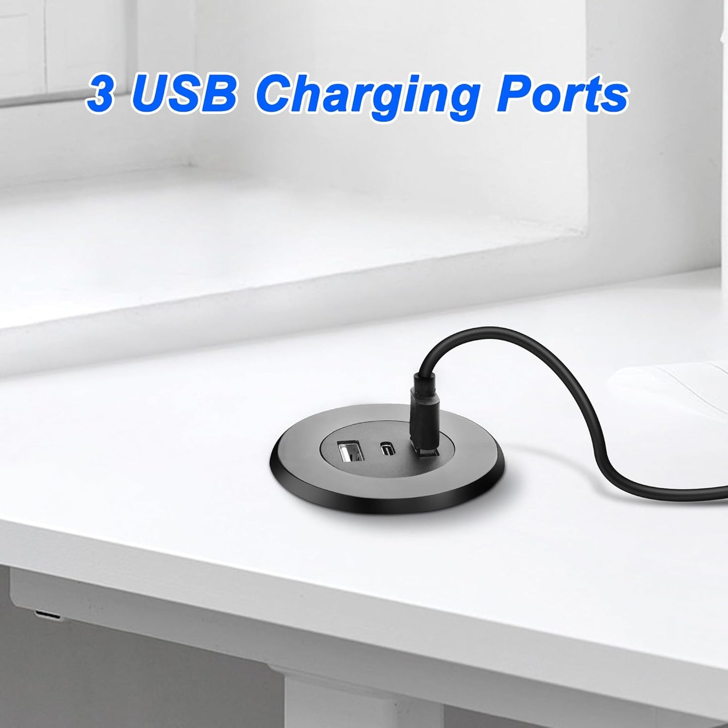 MEIRIYFA 3-in-1 Desktop Power Embedded Charger USB/Type C Desktop Station Mounts Charging Dual USB Multifunctional Desk USB Hub with 6.56 FT Power Cord for Bedside Table, Desks, Furniture