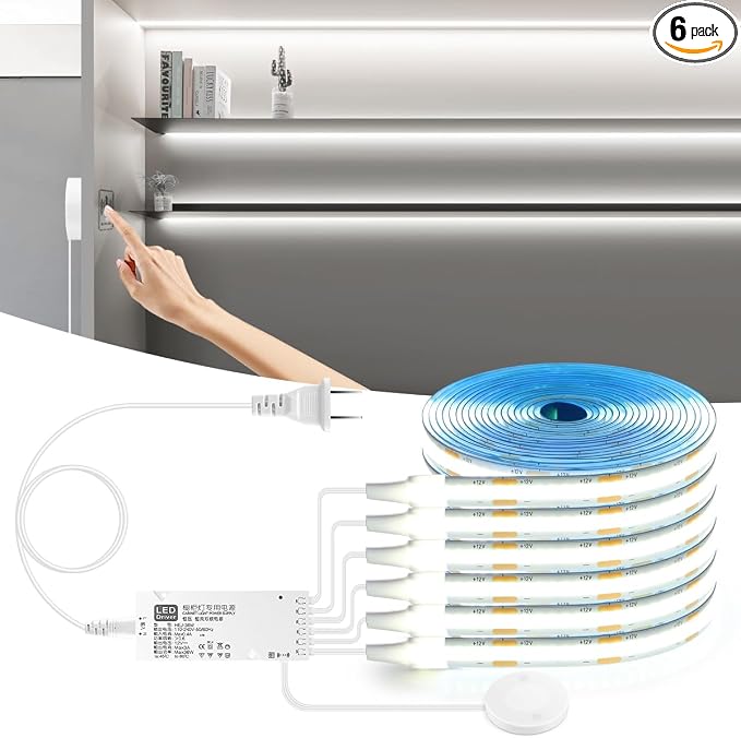 Under Cabinet LED Lighting kit, 6 PCS 6500K White LED Strip Lights Penetrable Wood Touch Dimmable COB LED Strip with 60W Adapter for Kitchen Cabinet,Counter,Shelf,TV Back,Showcase