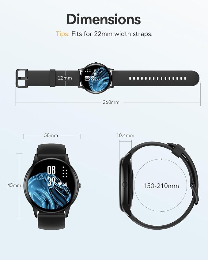 AGPTEK Smart Watch for Women Men, 5ATM Waterproof Smartwatch for Android and iOS Phones, Fitness Tracker Watch with 100+ Sports Modes, Heart Rate Monitor Pedometer Sleep Monitor, Black