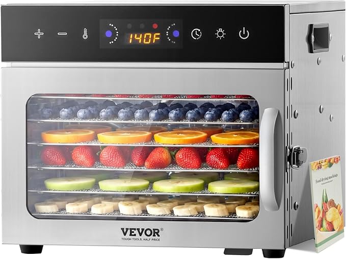 VEVOR Food Dehydrator Machine, 6 Stainless Steel Trays, 400W Electric Food Dryer with Adjustable Temperature & 24-Hour Timer, Food Dryer for Jerky, Meat, Fruit, Vegetables, Herbs, Dog Treats
