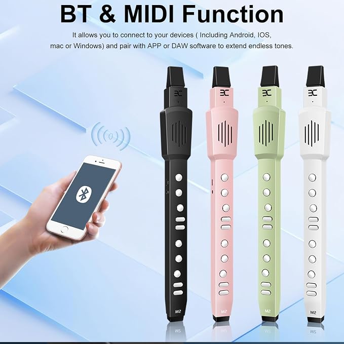 EX Electric Digital Wind Instrument, Electric Saxophone, with 12 Tones, 3 Fingering Modes, 3-Octave Range, Auto Vibrato & Transpose, Bluetooth MIDI & Rechargeable, White