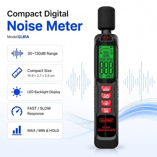 Noise Decibel Meter, Noise Meter, Decibel Meter, Digital Sound Level Meter, 30dB to 130dB Audio Noise Measurement Equipment, LCD Backlight Display, MAX/MIN Data Retention, Automatic Power-Off