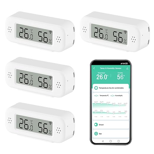 WiFi Thermometer Hygrometer Indoor: Smart Temperature Sensor, Digital Temperature Humidity Monitor with Smart App & Data Recording, Compatible with Alexa, for Bedroom Greenhouse Cellar (4 Pack)