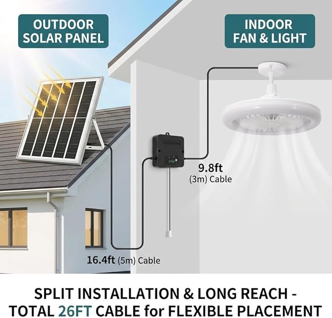 10.2 in Solar Ceiling Fan with Light Indoor Outdoor, Daytime Available Solar Shed Fan Light with Pull String, 3-in-1 Modes, IP65 Waterproof for Gazebo, Shed, Barn, Patio, Chicken Coop (2 Pack)