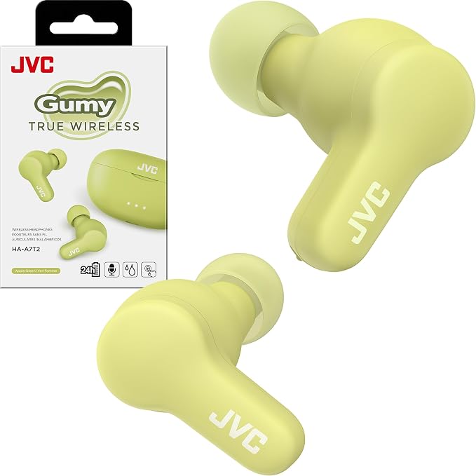 JVC Gumy True Wireless Earbuds, Bluetooth 5.3, Charging Case, 24-Hour Playback, IPX4 Water Resistant, Comfortable Secure Fit with XS/S/M/L Earpieces, Built-in Mic for Calls, iPhone/Android/PC - HAA7T2