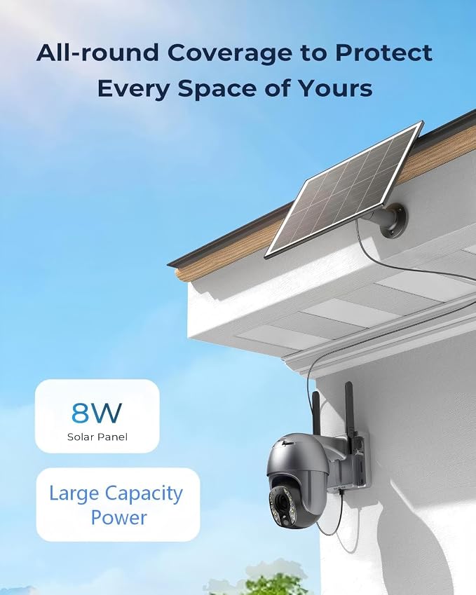SEHMUA Security Cameras Wireless Outdoor with 5MP Resolution, 10x Optic Zoom, 360° Panoramic View, Long-lasting Power, Solar Powered, Color Night Vision, PIR Detection, IP65 Waterproof for Home (Grey)