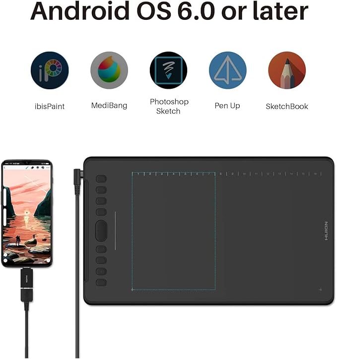 HUION Inspiroy H1161 Graphics Drawing Tablets, Touch Strip and 8192 Pen Pressure Sketch Tablet with Battery-Free Stylus,10 Shortcut Keys, Compatible with Android, Windows, and Mac Black