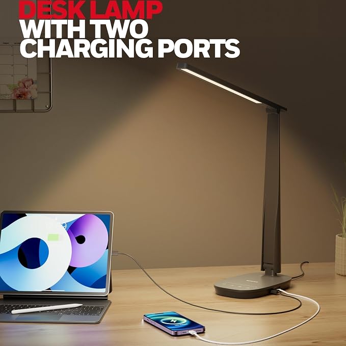 Honeywell HWT-H2 LED Desk Lamp for Home Office, CRI94 Full Spectrum Eye-Caring Light, Dimmable Table Lamp with USB-A & USB-C Charging Ports, Foldable Touch Control Reading Lamp, Black