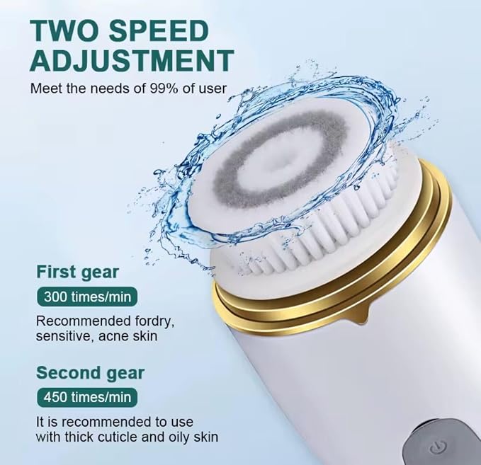 Facial Cleansing Brush, Electric Face Scrubber with 3 Brush Heads & 2 Modes, Waterproof Rechargeable Spin Cleanser for Gentle Cleansing & Massaging