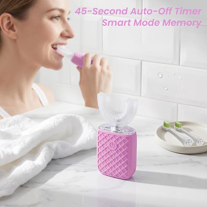 Sonic Electric U Shaped Toothbrush for Adults, Automatic Full Mouth Cleaning Toothbrush, 360° Stain Removal, IPX7 Waterproof Rechargeable, 3 U-Shape & 2 Straight Brush Heads (Pink)