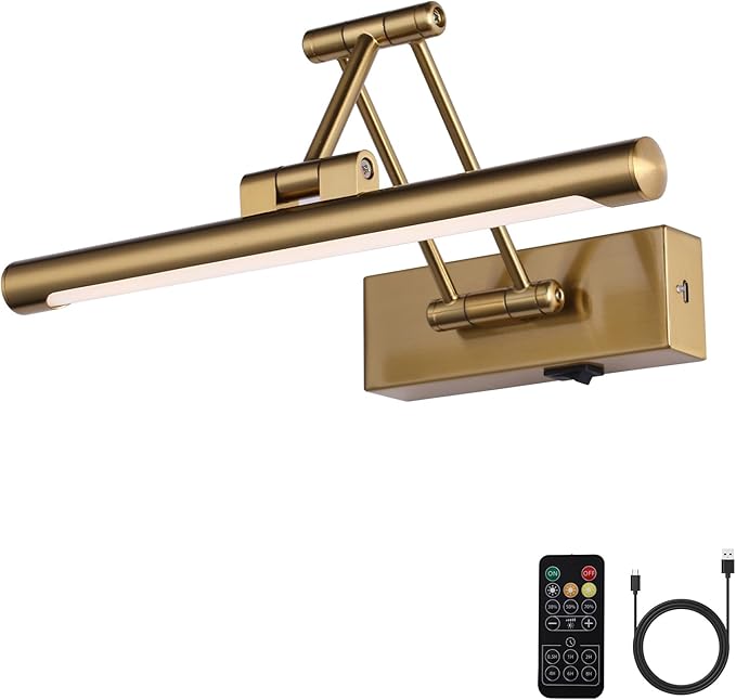 Battery Operated Picture Light with Remote,Wireless Gallery Lights Brass 12in Rechargeable Display Light with Flexible Swing Arm,Dimmable Wall Sconce for Artwork on Wall