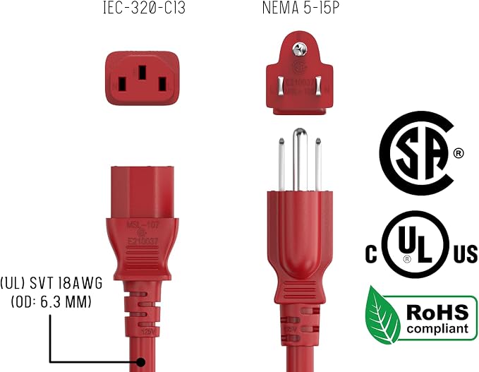 Cable Leader 4ft 14AWG Computer Power Cord, NEMA 5-15P to IEC C13 AC Power Cable, Heavy Duty 3-Prong Replacement Power Cord for PC, Monitor, Printer, Server & TV - Red