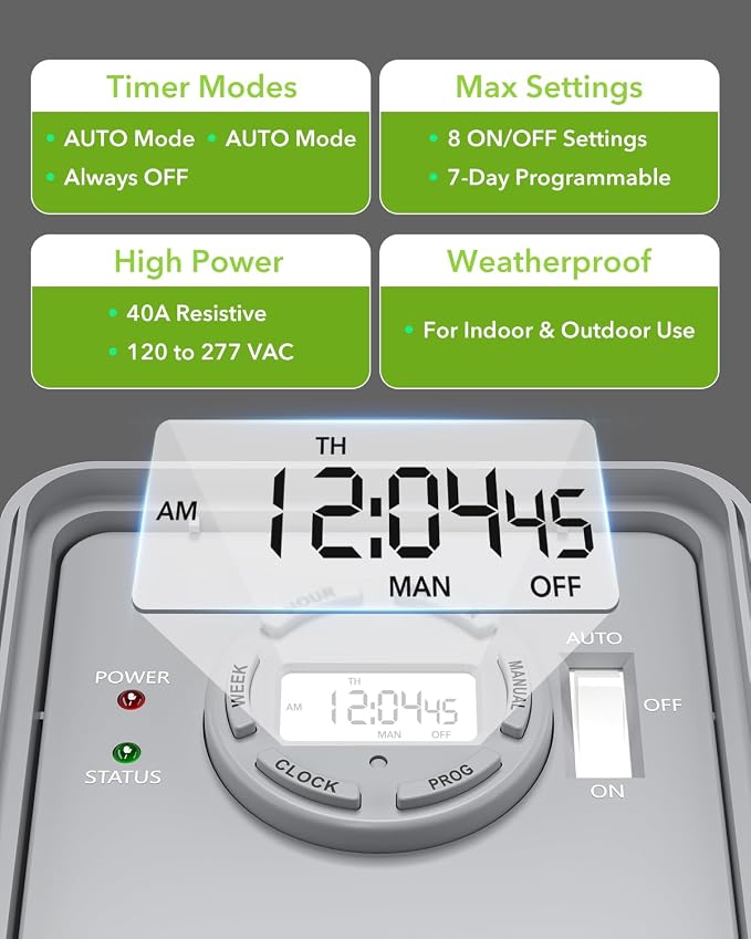 BN-LINK Pool Pump Timer, Outdoor Timer Box, Heavy Duty, 2HP 40A Max, 120, 240, 277 VAC, for Pool Pump, Water Heater, Fans, SPA, ETL Listed (Digital)