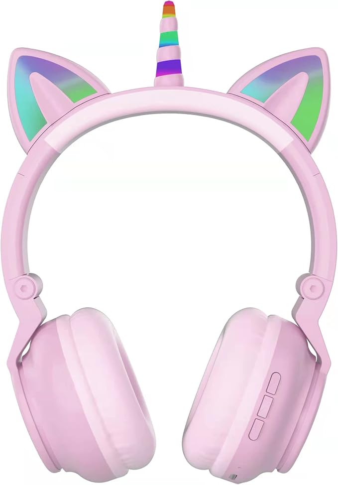Unicorn Kids Headphones for Girls,7 Colour Flash Unicorn Bluetooth Headphones Foldable for Girls Toddlers Tablet/pad/Amazon fire,Light Up Kids Wireless Headphone Birthday Gifts (Purple Pink)