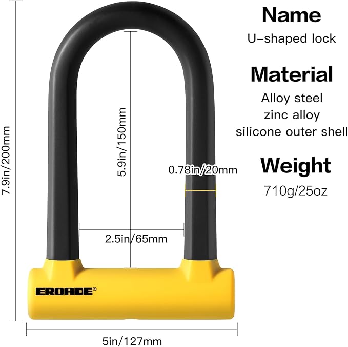 Bike U Lock with 5ft Security Steel Cable,Heavy Duty Anti Theft Bike U Lock,20mm Shackle, with Mounting Bracket, 3Keys,Lock for Door Gate Motorcycle Scooter