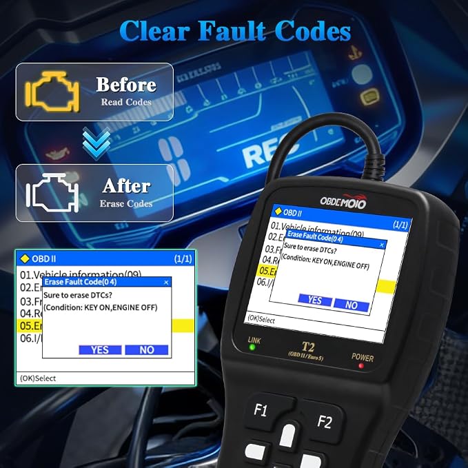 T2 Motorcycle Scanner, OBD2 Motorcycle Scan Tool, Euro 5 3.5'' LCD Motorbike Diagnostic Tool, Code Reader with ECU Scan, Service Reset for Harley Indian Honda Yamaha Kawasaki Suzuki