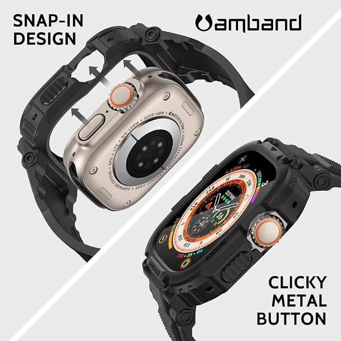 amBand Bands Case Screen Protector Compatible with Apple Watch Ultra 3/2/1 49mm for Men, M1 Sport Series Rugged Cover Strap and 9H Tempered Glass, Military Protective Bumper for iWatch 49 mm Men Black