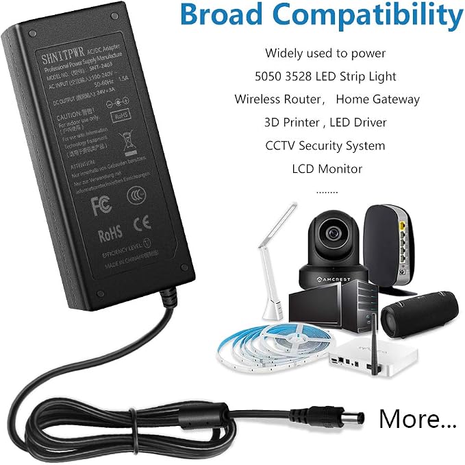 SHNITPWR 24V Power Supply Adapter 24 Volt 3A 72W AC DC Converter, Pack of 2 100V~240V AC to DC 24V 3amp Transformer LED Driver with 5.5x2.5mm Plug for LED Strip Light 3D Printer LCD Monitor Motor
