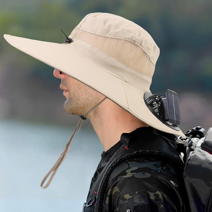 Outdoor Solar Powered Fan Hat for Men Women Breathable Wide Brim Hat with 2 Fans UPF 50+ Fishing Hat Beach Bucket Sun Hat