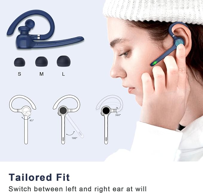 HEIBAS Bluetooth Headset, Wireless Bluetooth Earpiece with 500mAh Charging Case 72 Hours Talking Time Built-in Microphone for iOS Android Cell Phone, Hand-Free Headphones for Trucker, Office-Blue