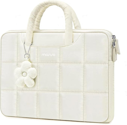 MOSISO Laptop Case 16 inch, 15-15.6 inch Puffy Laptop Sleeve Compatible with MacBook Pro 16 M5 M4 M3 M2 M1,HP Acer Dell Lenovo Notebook,Rectangle Quilted Bag with Handle&Flower Pendant, Sand